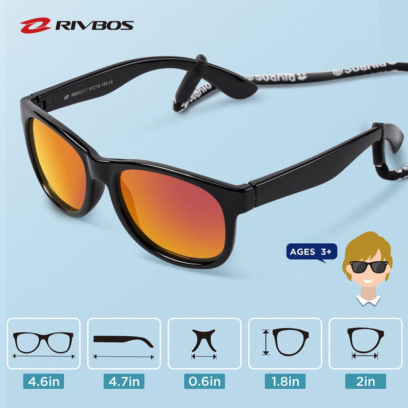 RIVBOS Kids Sunglasses Boys with Strap Polarized Rubber Flexible Shades for Toddler and Children Age 3-10 RBK023-1 Black Coating Lens - Image 5